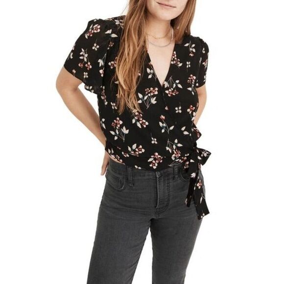 ✨MADEWELL Botanical Print Wrap Sz XS Top In True Black✨ - Picture 1 of 9